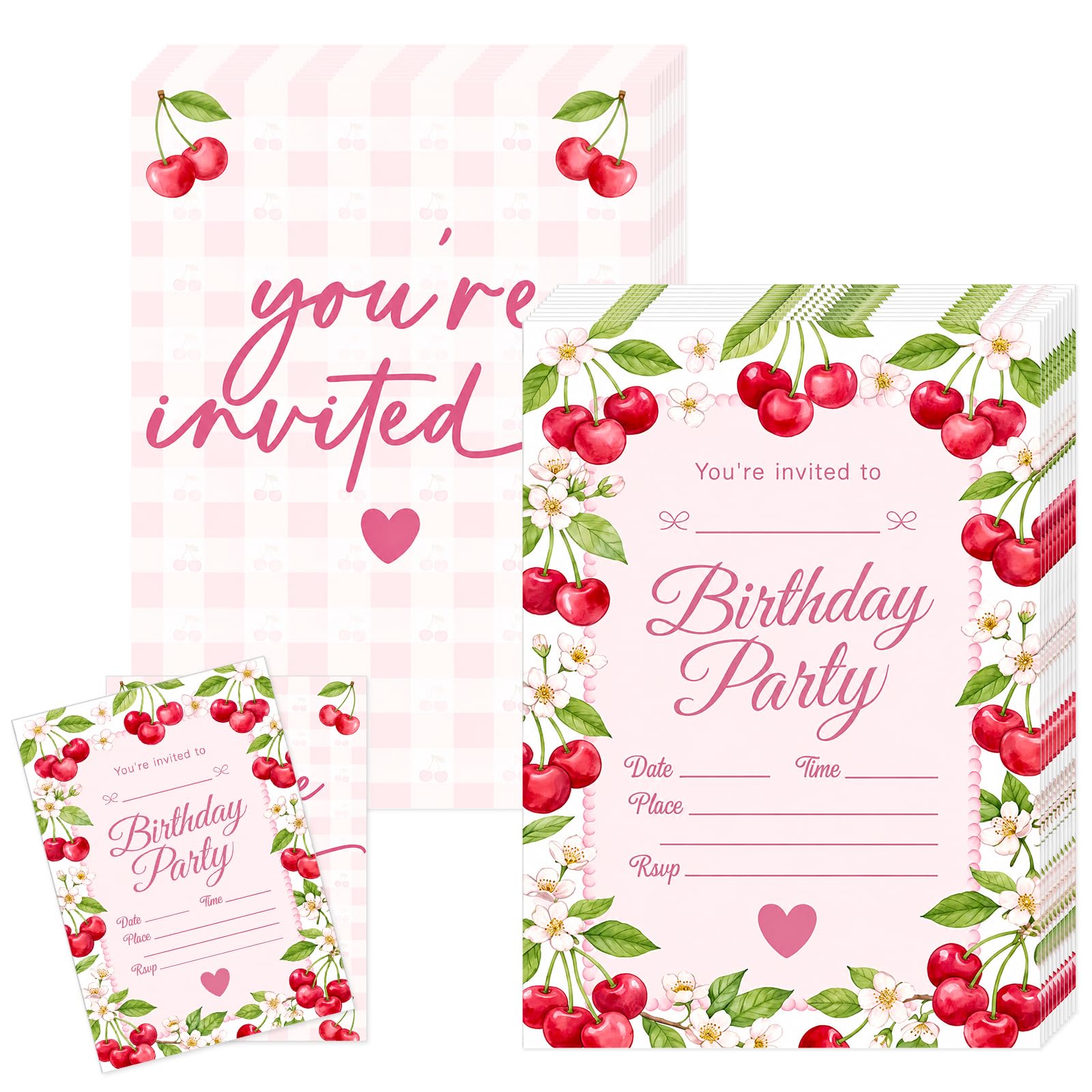 20Pcs Cherry Birthday Invitations for Girls, Flower Party Invites Card