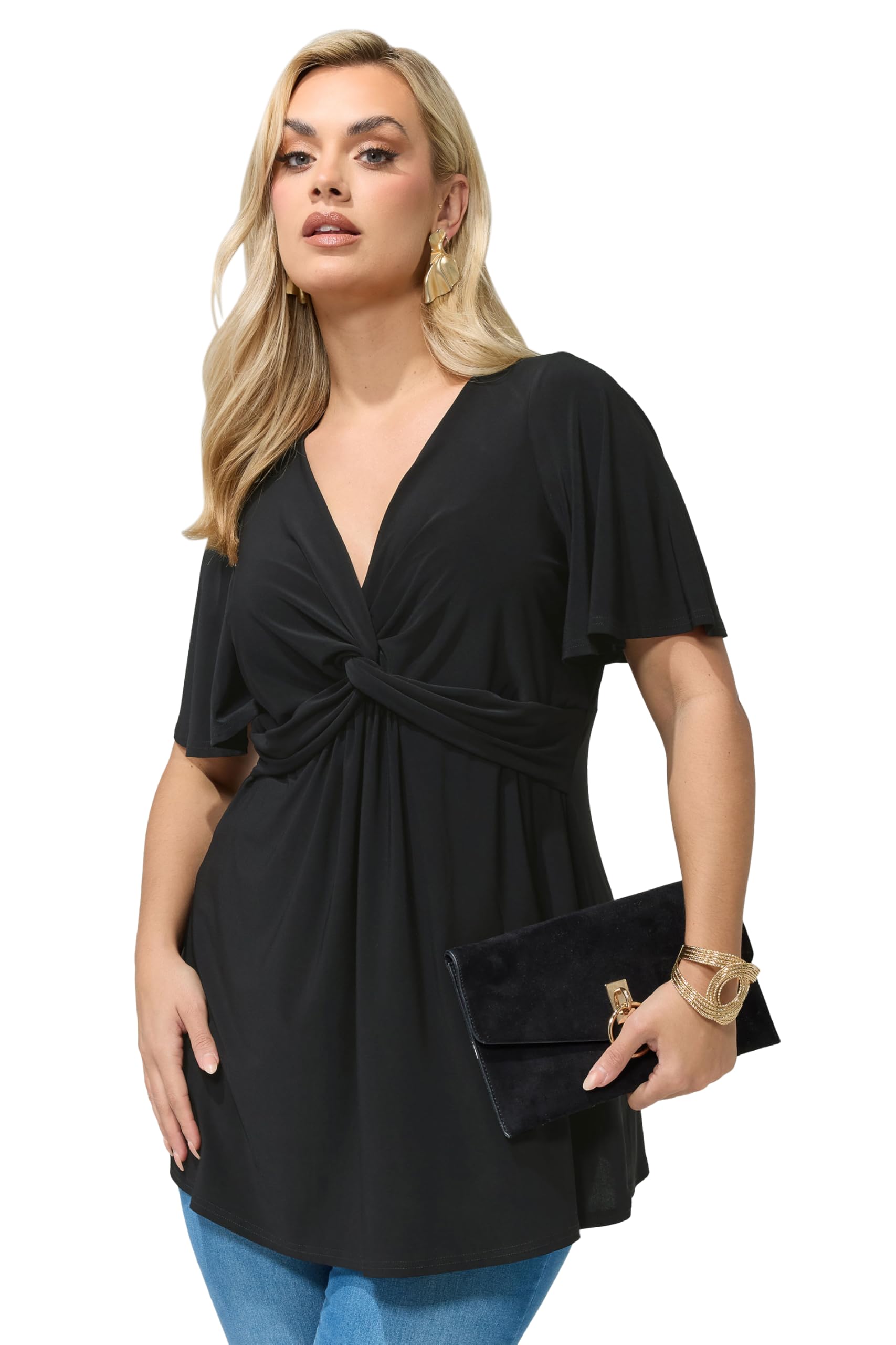 Yours Women's Knot Detail Short Sleeve Top in Black | Size: 12