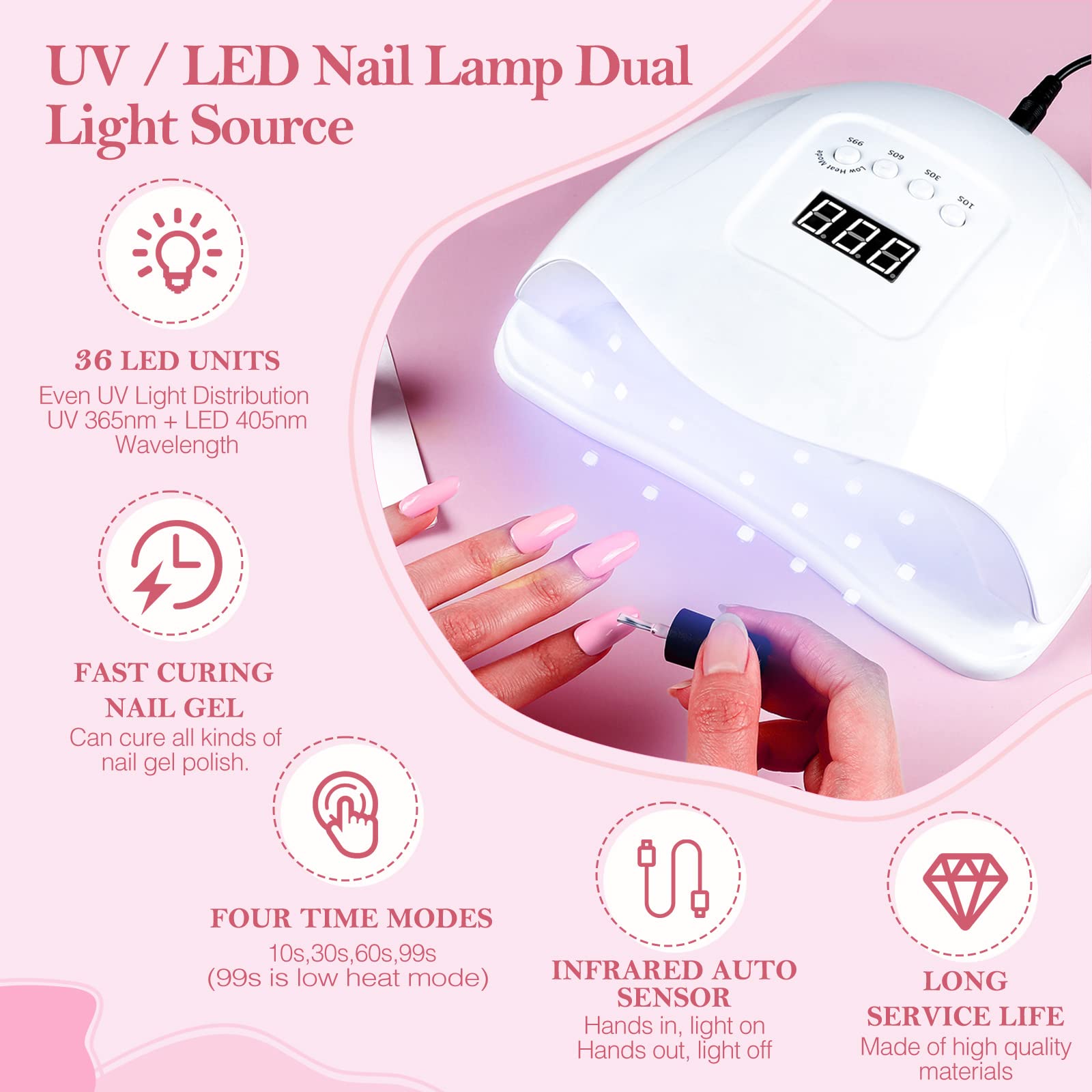 Coscelia Kompletny zestaw UV do paznokci 20 szt., lakier, żel, półtrwały, 80 W, lampa UV/LED, przedłużanie poliakrylowe, żelowe, 12 W, szlifierka do paznokci, akcesoria do usuwania skórek, dla
