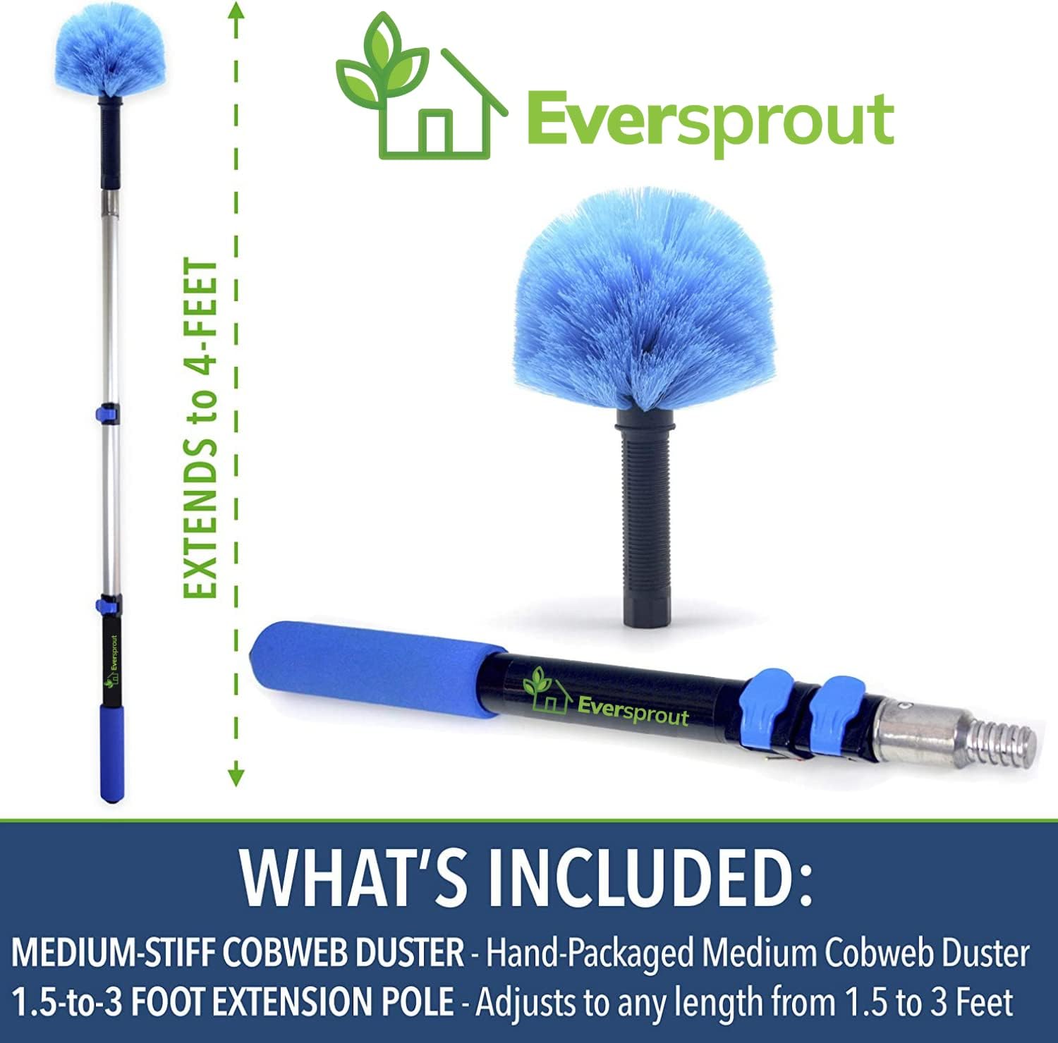 EVERSPROUT 1.5-to-3 Foot Cobweb Duster and Extension-Pole Combo & Lightweight 3-Stage Aluminum Pole | Hand-Packaged Indoor/Outdoor Use Brush Attachment