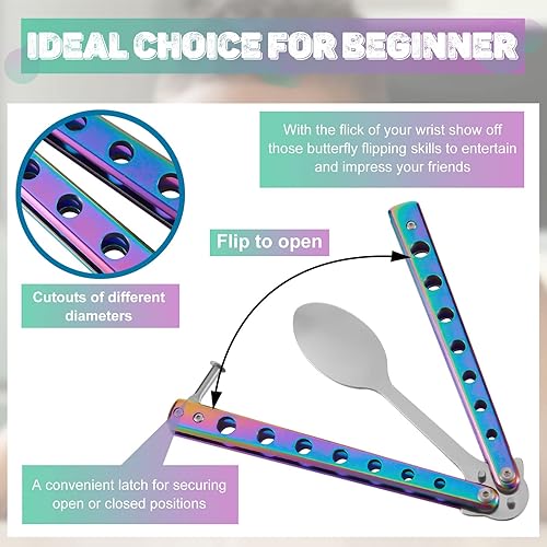 Miniatura 3 de Flutesan Juego de 2 tenedores y cucharas de mariposa, cuchara táctica de mariposa plegable de acero inoxidable, juego de utensilios Balisong Colorido