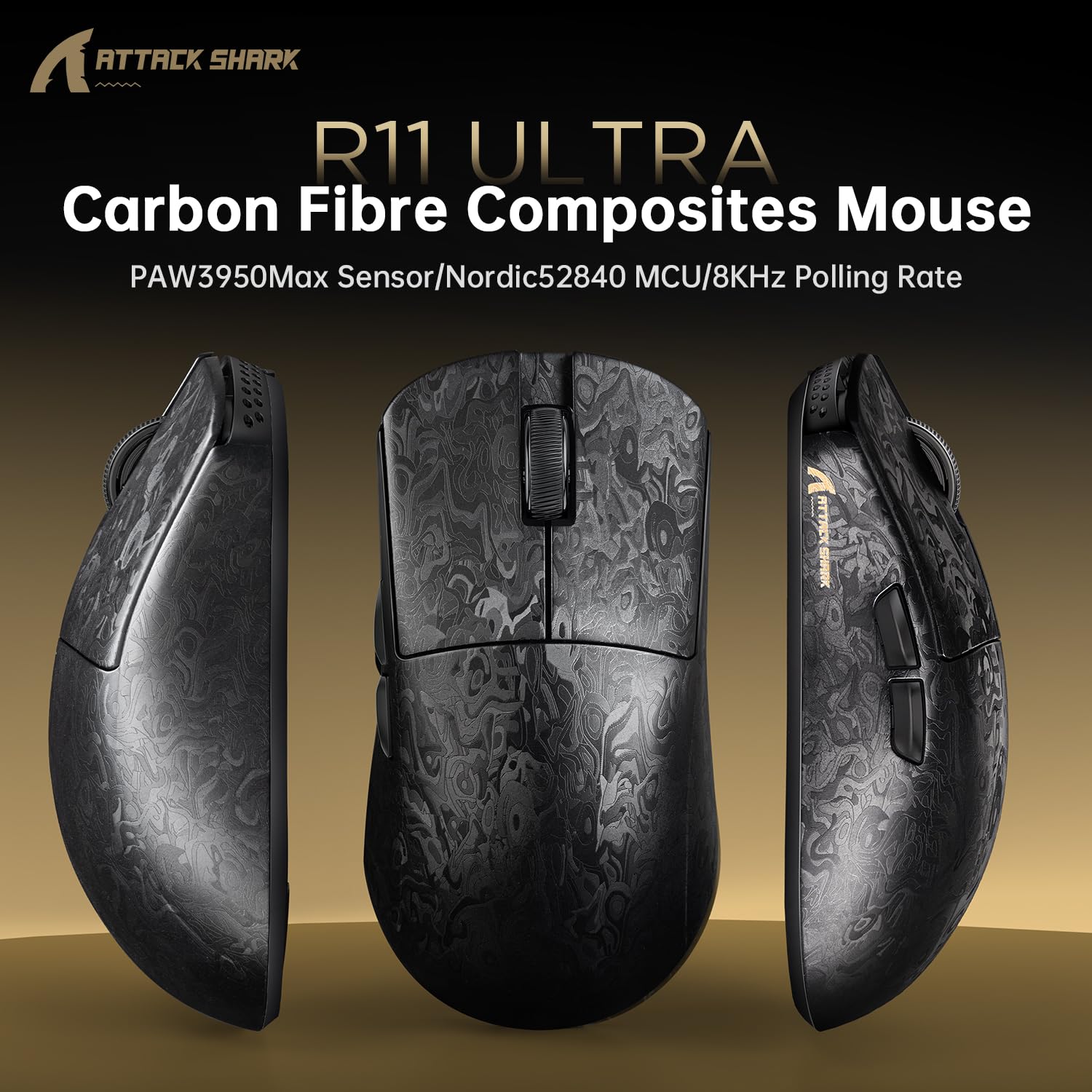 ATTACK SHARK R11 ULTRA Ratón Inalámbrico para Juegos de Fibra De Carbono con Spiral LED Cable, 8000Hz, 49g Peso Ligero, PAW3950MAX, 42000 DPI, Chip Nordic 52840, Nanometal Ice Coating, Negro Forjado
