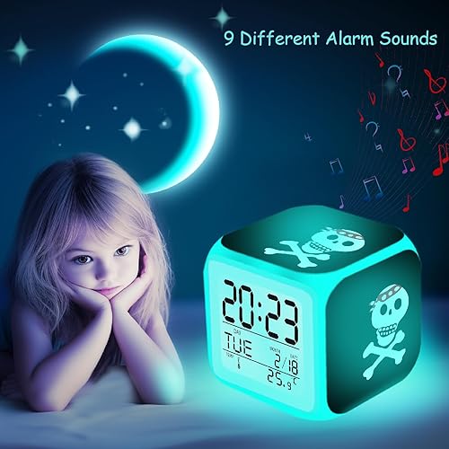 Miniatura 4 de Reloj despertador para niños pequeños con patrón de calavera, reloj portátil con batería con LED que brilla para niños y niñas de 6 a 13 años para