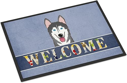 Miniatura 182 de Caroline's Treasures BB1449JMAT - Tapete de bienvenida de carlino negro, 24 x 36 pulgadas, tapete azul para puerta delantera, para interiores