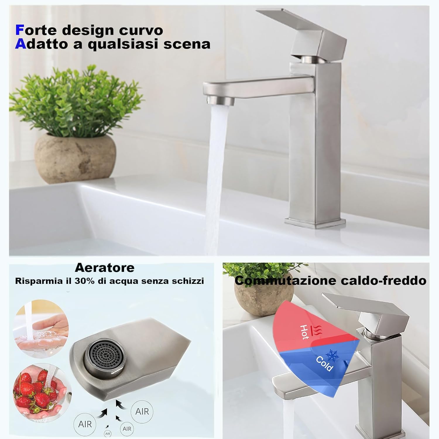 XWIHTR miscelatore bagno caldo e freddo in acciaio inox con cursore ceramico silenzioso, monocomando, miscelatore lavabo misto a risparmio idrico per bagni, lavabi, piccole cucine, ecc. (Spazzolato)