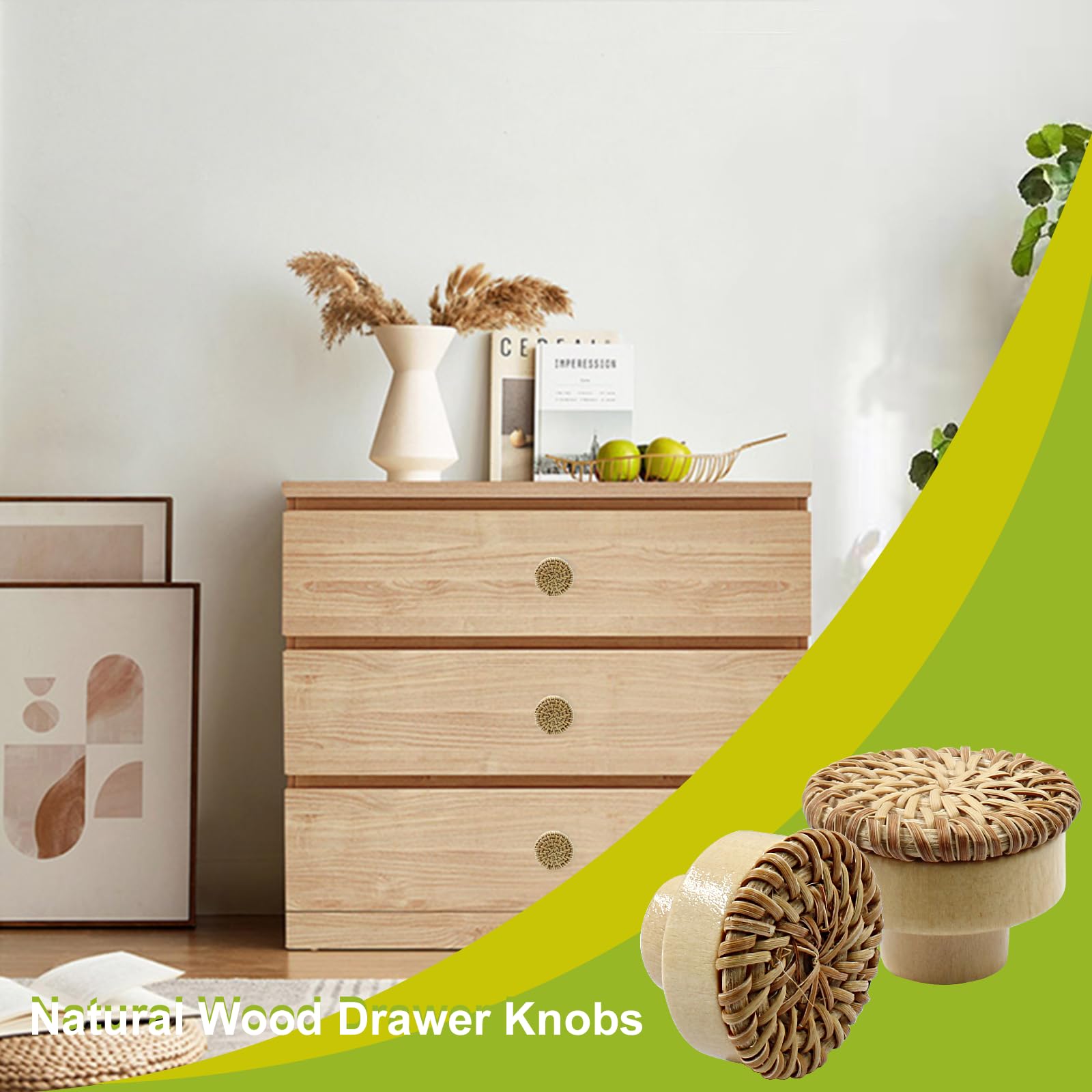 dresser knobs boho 8 Pack Boho Rattan Knobs for Dresser Drawers Wood Cabinet Wicker Decor Drawer Pulls (Natural), Size: 3.5 cm, White