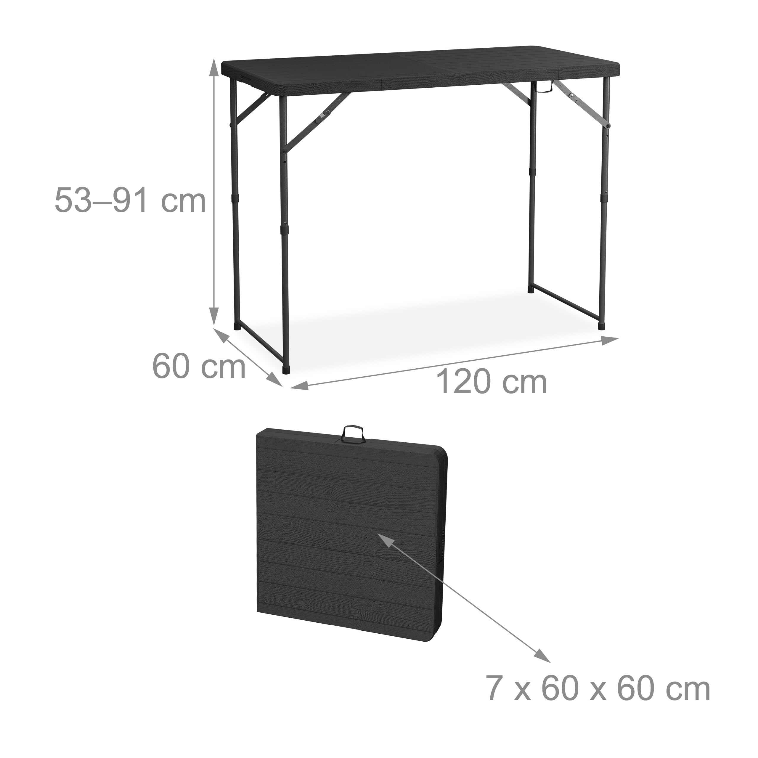 Relaxdays Tavolo da Campeggio Pieghevole, HLP: 74x120x60 cm, in Plastica, Regolabile in Altezza, 6 Persone, Nero | Tavolo da campeggio, altezza regolabile, 74 x 120 x 60 cm