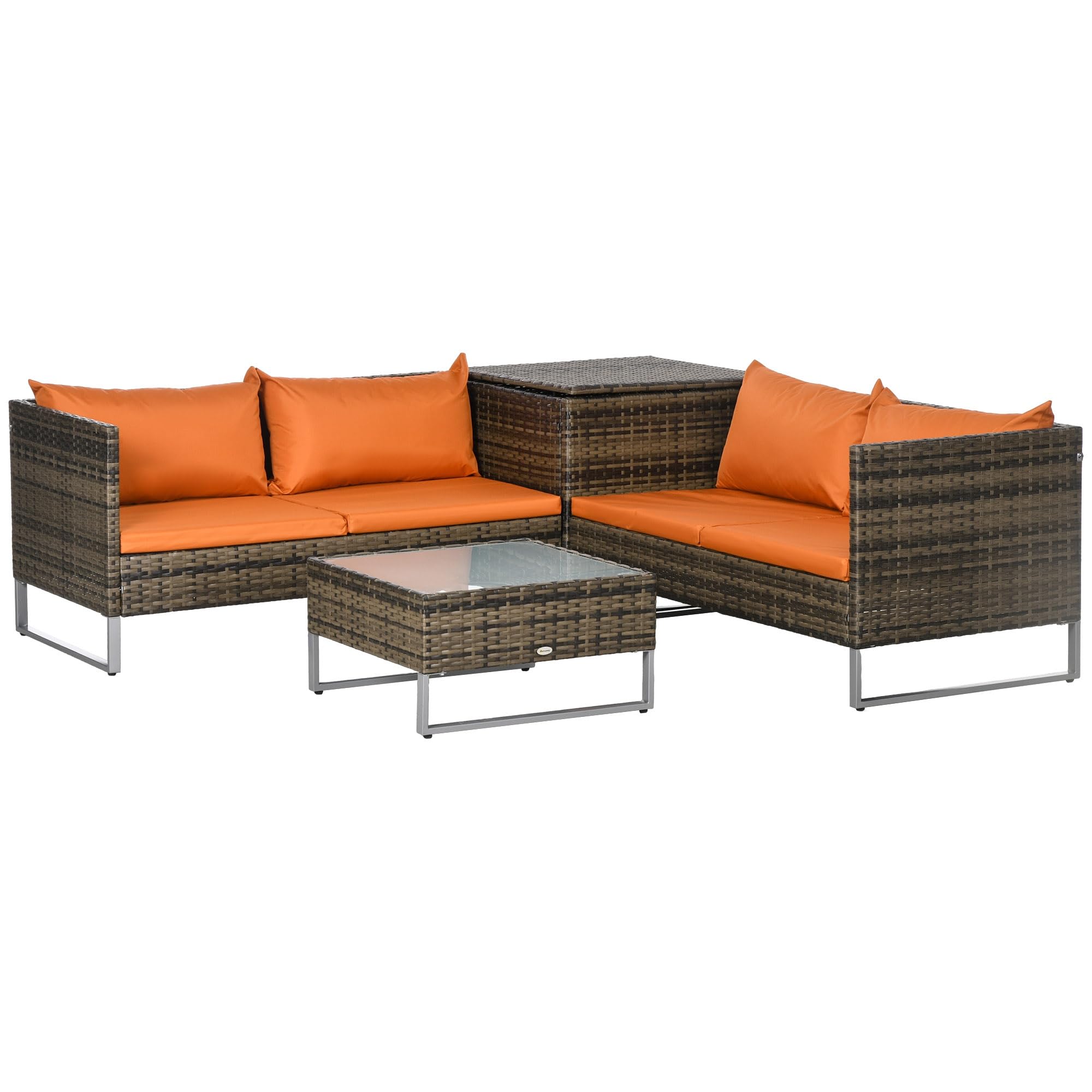 Outsunny Unisex Orange Rattan Garden Furniture Set With Storage Table, Cushions In