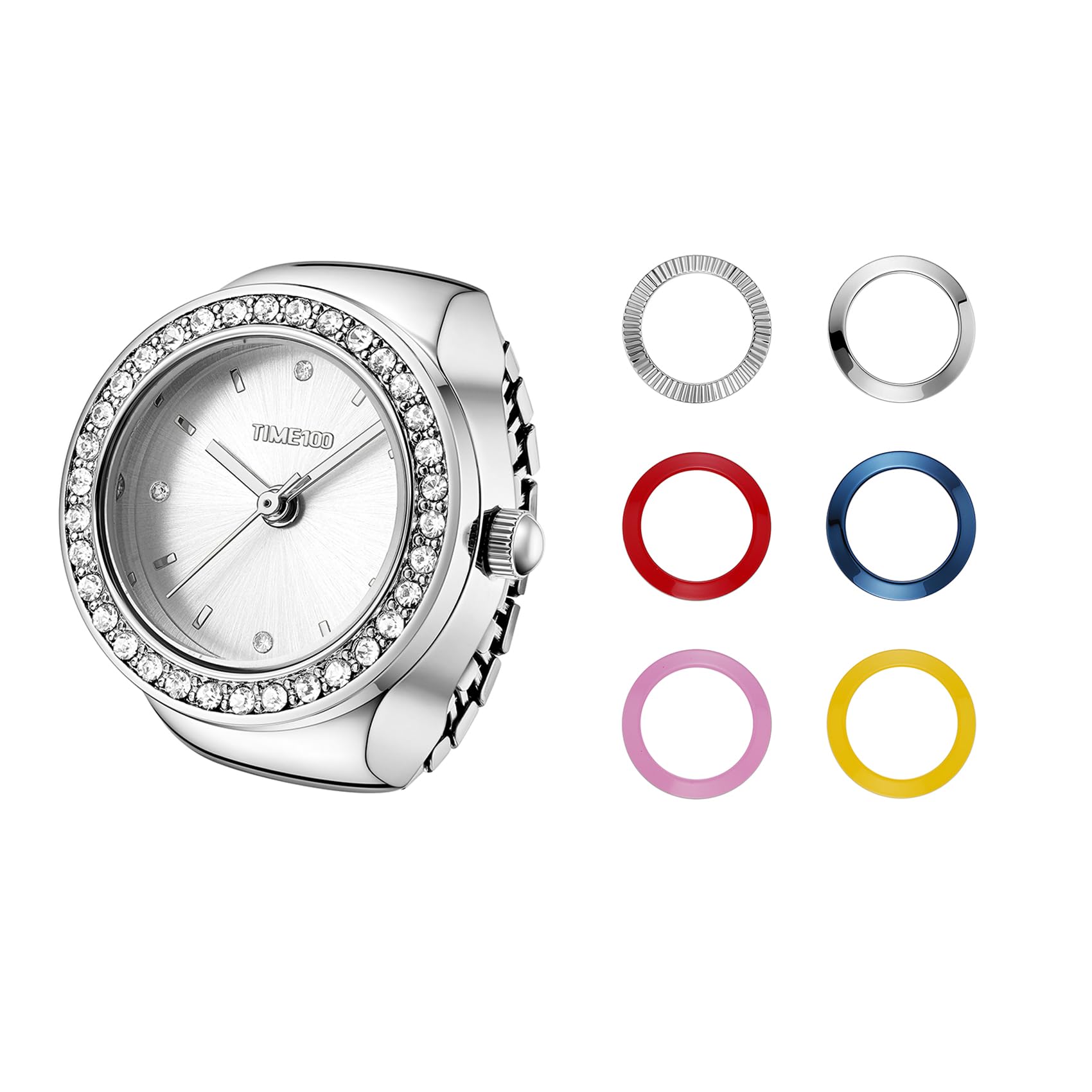 TIME100 Damen Uhren ringuhr Geschenkset,ringuhr Damen Quarz-Fingerringuhren für Frauen mit verstellbarem Stretchband, 7-farbige austauschbare Lünette, Quarz-DREI-Zeiger-Uhrwerk, Geschenkbox