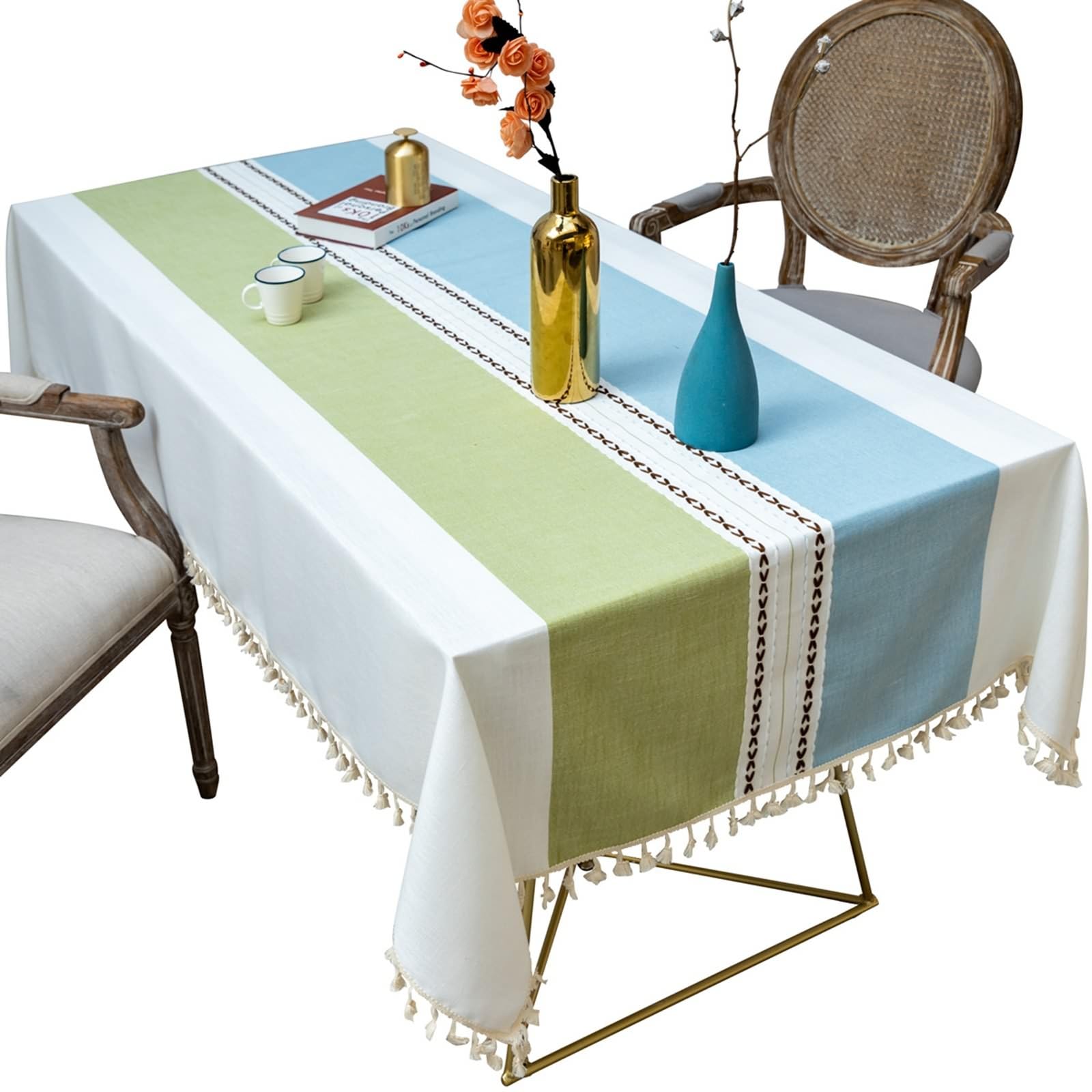Tischdecke Esstisch Modern, Polyester Flickwerkmuster mit Quaste Tischtuch Fleckenschutz, Blau Grün, 140 x 180 cm