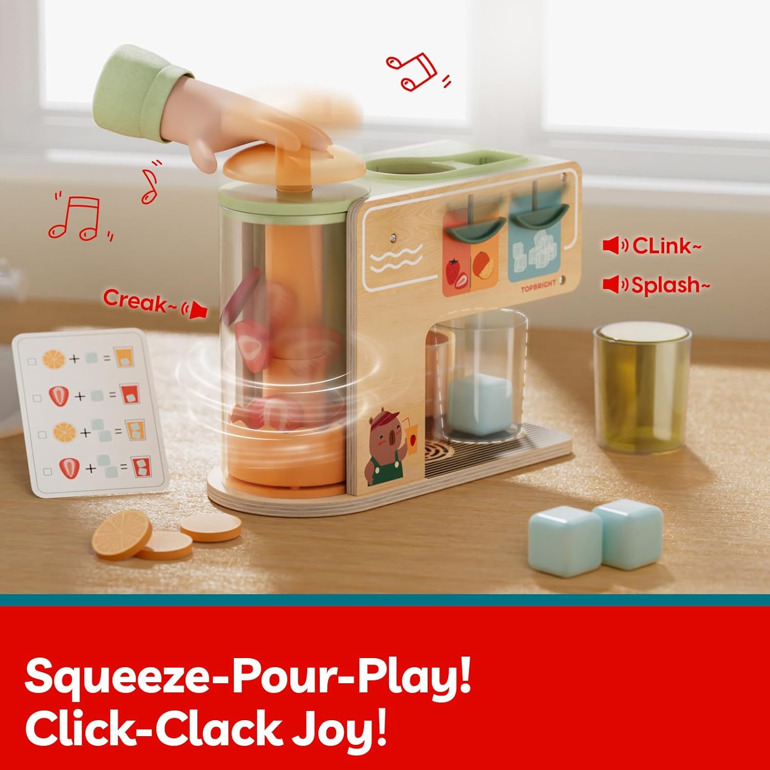 TOP BRIGHT Wooden Drink Dispenser Pretend Play Toys, Play Food Sets for Kids Kitchen with Cups, Juice Inserts, Ice Cubes, Montessori Toys for Boys Girls Capybara Gift Age 3+