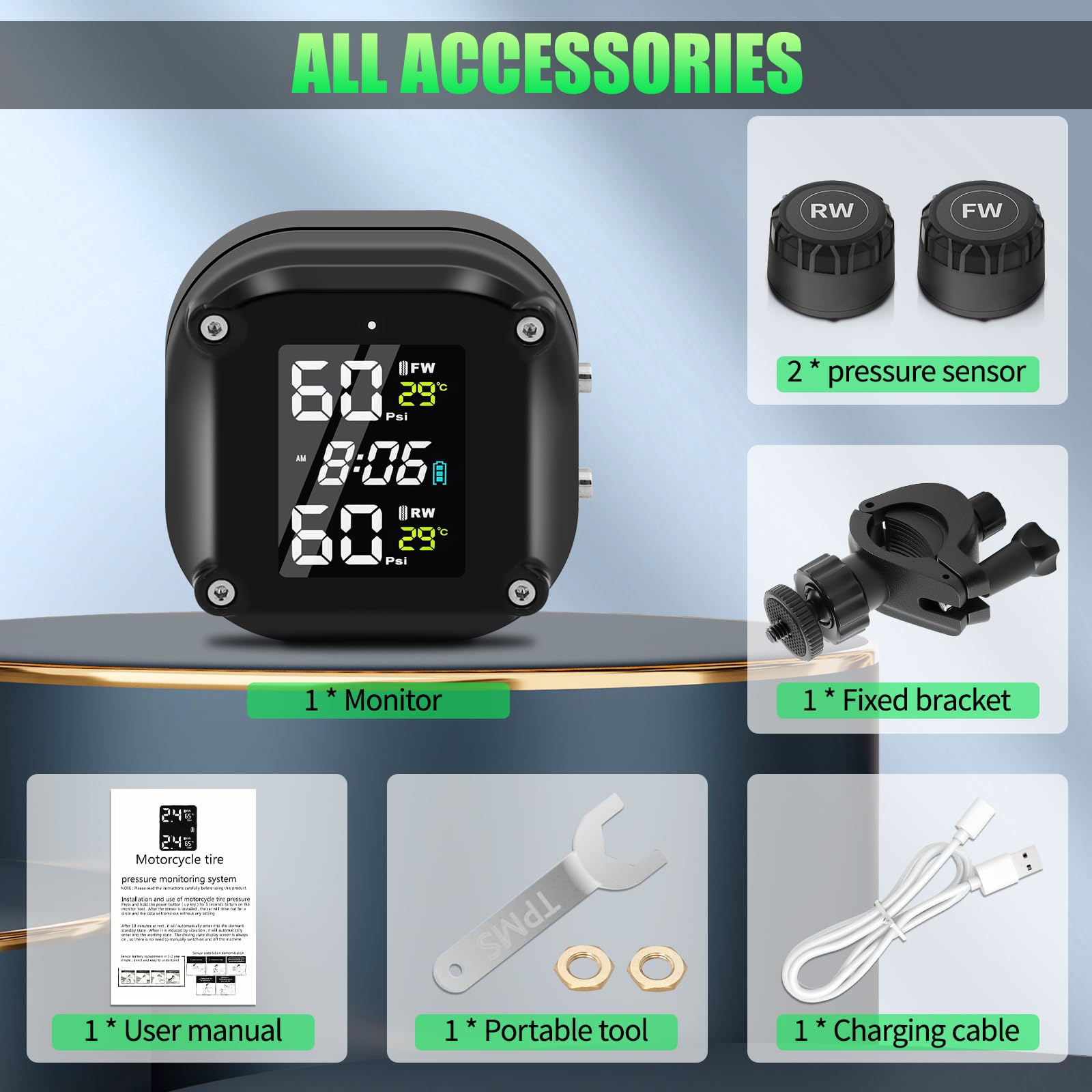 TPMS Système de Surveillance de la Pression des Pneus pour Moto, 5 Modes D'alarme, Recharge USB Magnétique, Conception étanche IP67, avec 2 Capteurs Externes sans Fil
