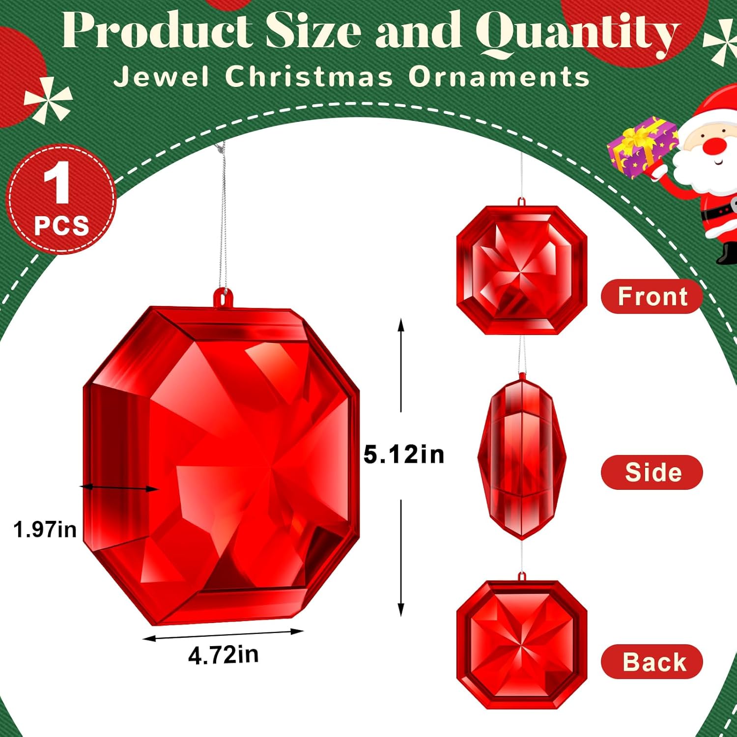 Syhood 5.1 Inch Jewel Ornament Square Jewel Ornaments for Christmas Tree Acrylic Large Christmas Gem Decorations for Xmas Wedding Holiday Party Decor (Red) - Image 2