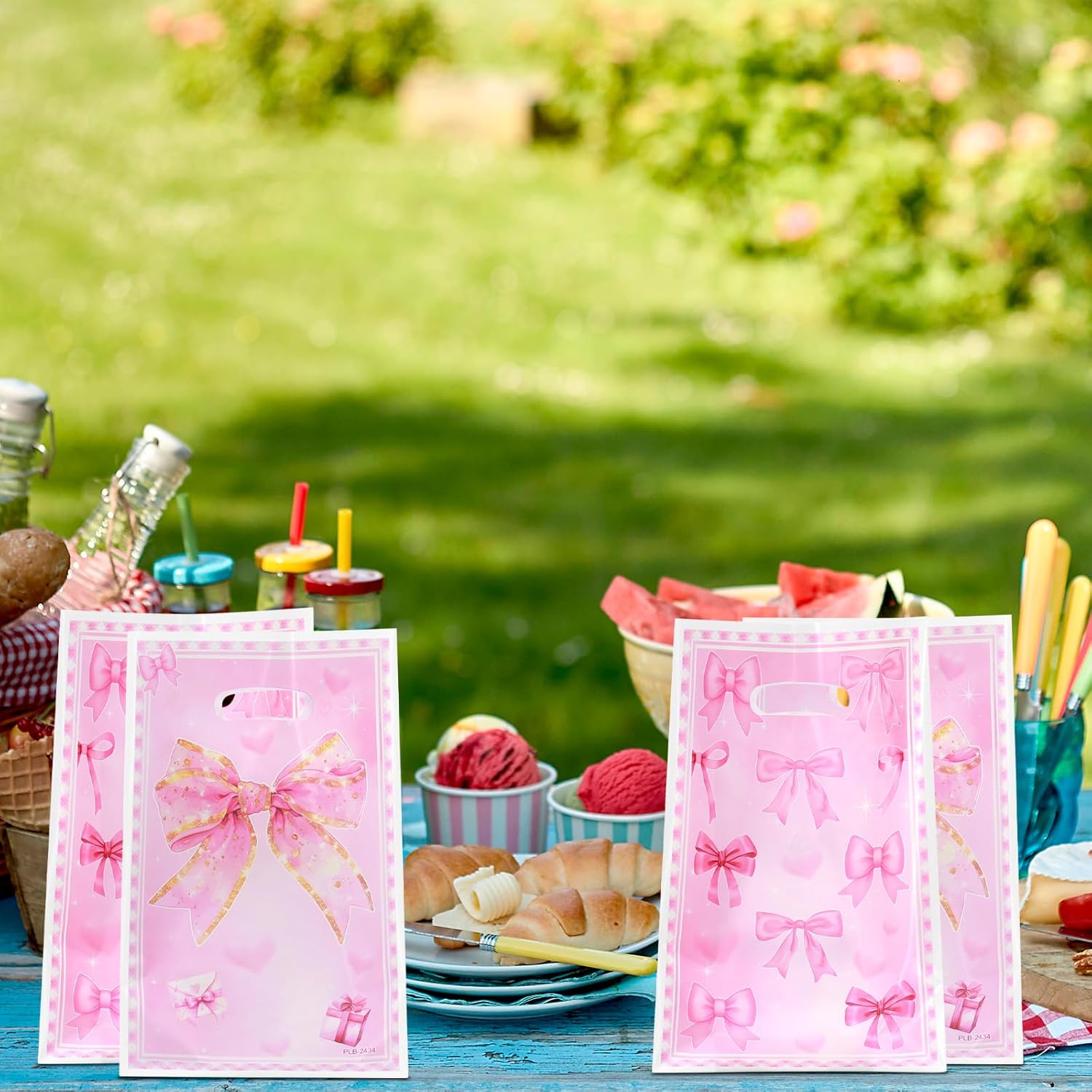 Infankey 50 Pieces Pink Bow Plastic Gift Bags Cute Coquette Bow Party Favor Bags Candy Goodie Treat Bags for Birthday Bridal Shower Bachelorette Engage Wedding Sweet Party Supplies