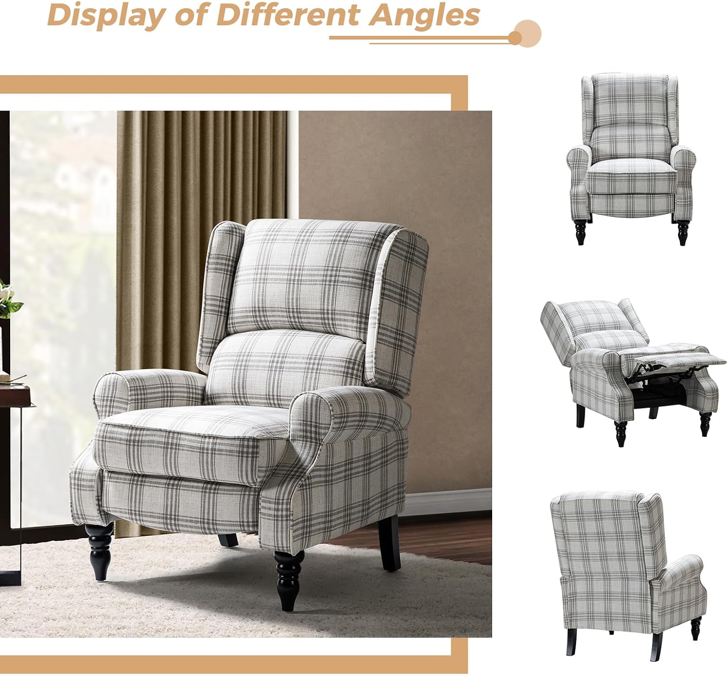 HULALA HOME Upholstered Wingback Recliner Chair, Small Adjustable Footrest Push Back Single Reclining Sofa, Mid Century Modern Lounge Armchair for Living Room, Bedroom, Reading/Plaid Grey