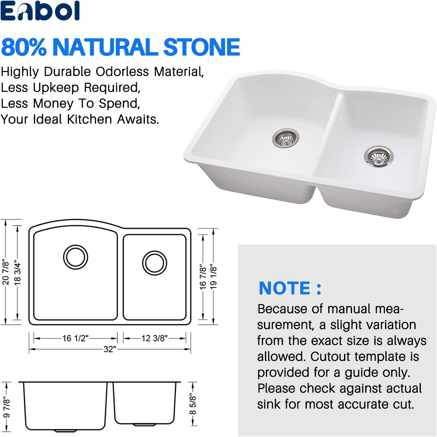Weekly Top Sale 32 Quartz Sink - Enbol Granite Composite Undermount Kitchen Sink 32 Inch 60/40 Double Bowl for Easy Clean GDS-3221-W