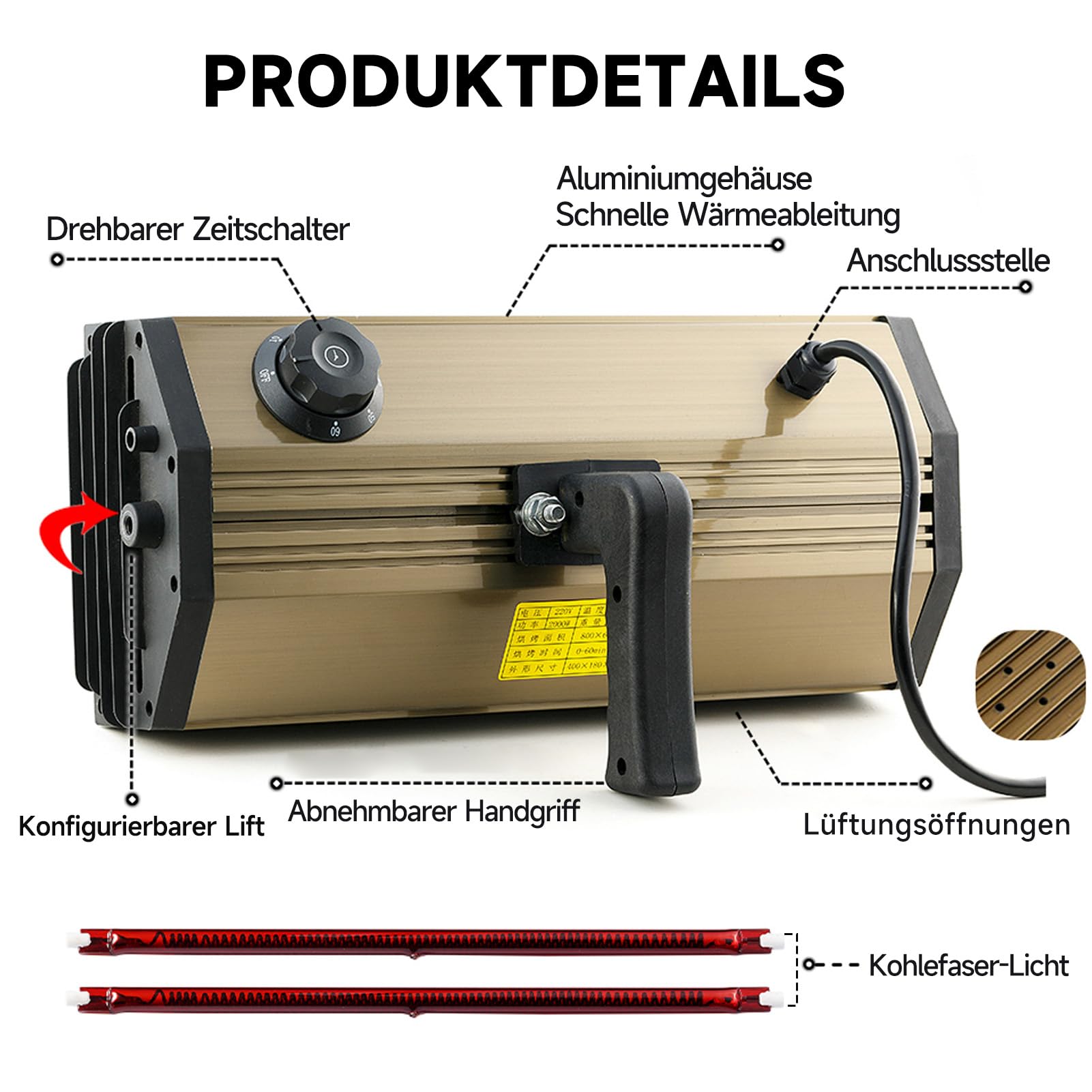DATOUBOSS 2000W Infrarot Lacktrockner Trockner, Kurzwellen-Infrarot-Lackhärtungslampe 220V, mit intelligenter Zeitschaltuhr 0-90 für Auto Karosserie Reparatur, Lackierarbeiten(650×500MM)