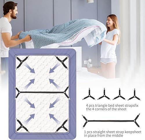 Miniatura 6 de Luyena - Correas para sábanas de cama, 4 + 1 soporte de clips para sábana bajera, clip triangular mejorado para esquina, correa elástica ajustable