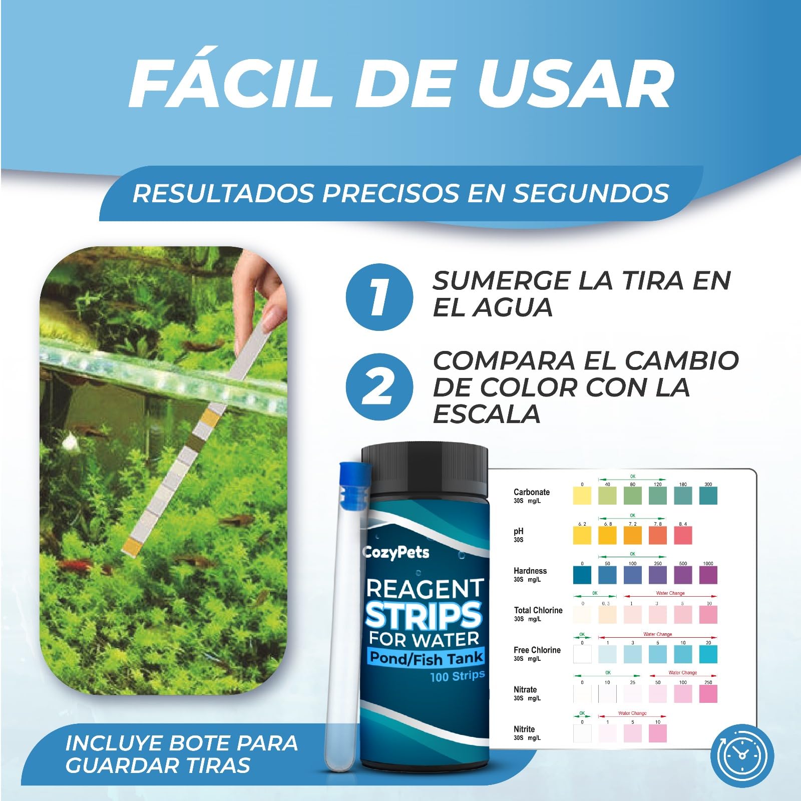 100 Tiras Reactivas 7 en 1 para Control del Agua Dulce del Acuario – Medición de 7 Parámetros con Bote de Regalo para Tiras Usadas. Set acuario