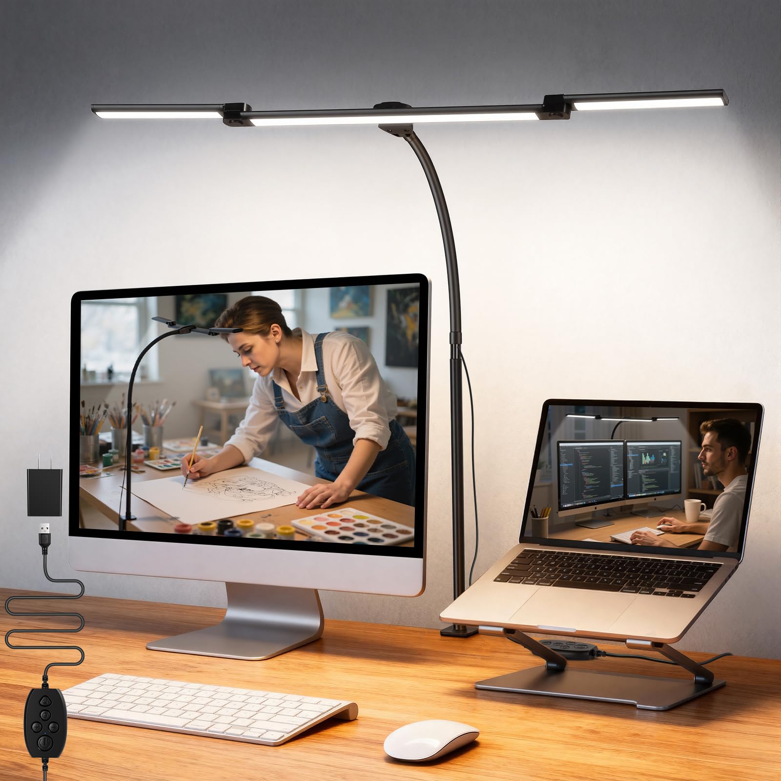 LED-Schreibtischlampe für Büro, Zuhause, 3 verstellbare Computer-Monitor-Lichtleiste, stufenloses Dimmen, augenschonende Architekten-Schreibtischlampe, Tischlampe, Tischlampe, zum Anklemmen, mit