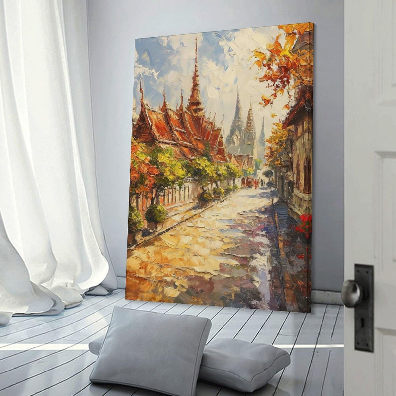 Junmoney Frame-Style-20 Impressionistic Asian Temple Street Scene Painting Wall Picture Print 24X36inch(60X90cm), For Bedroom Decor, Cosy Corners Or Studios, Home Artwork With A Soft Interior Feel