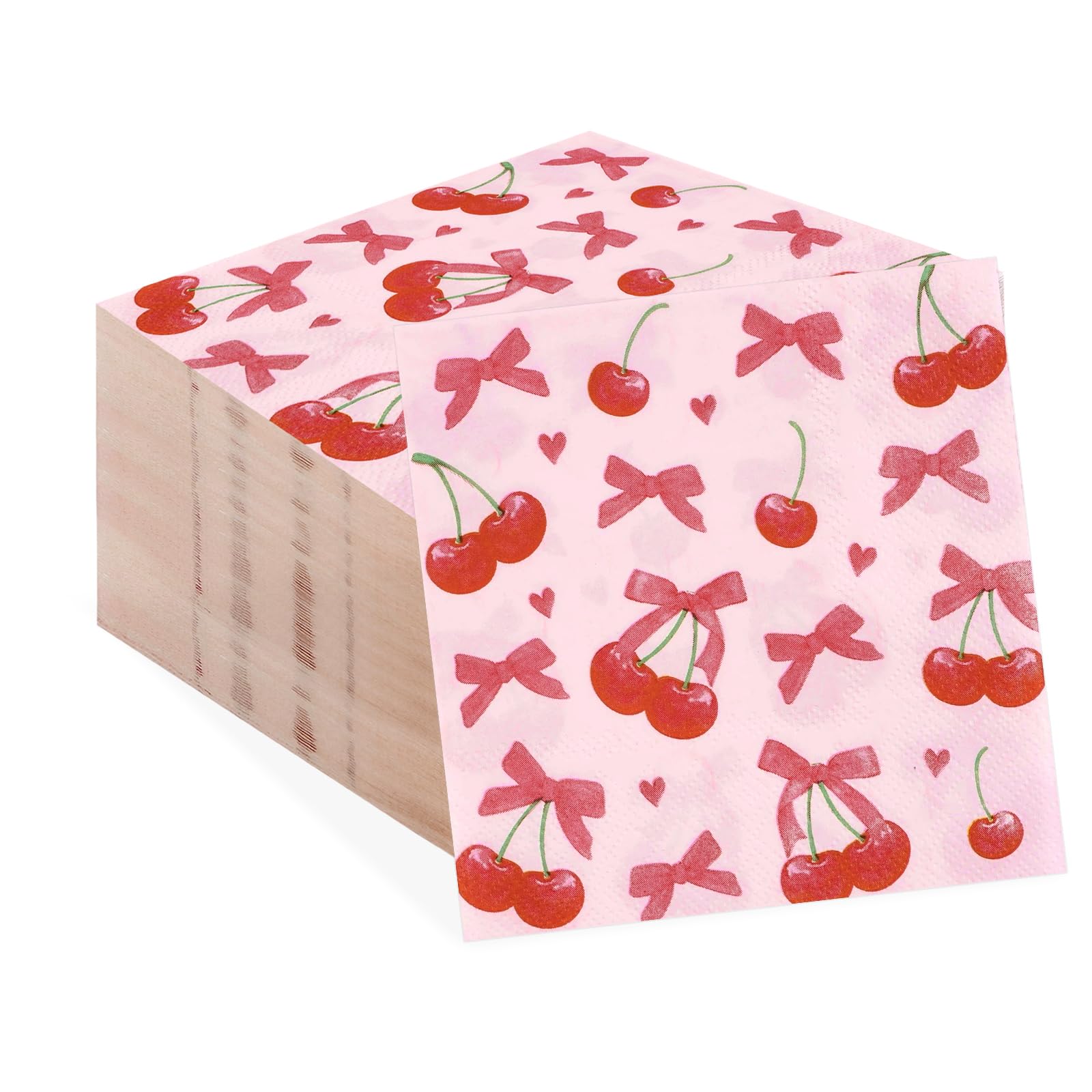 50Pcs 5 X 5 Inch Pink Bow Cherry Cocktail Napkins 3 Ply Disposable Napkins