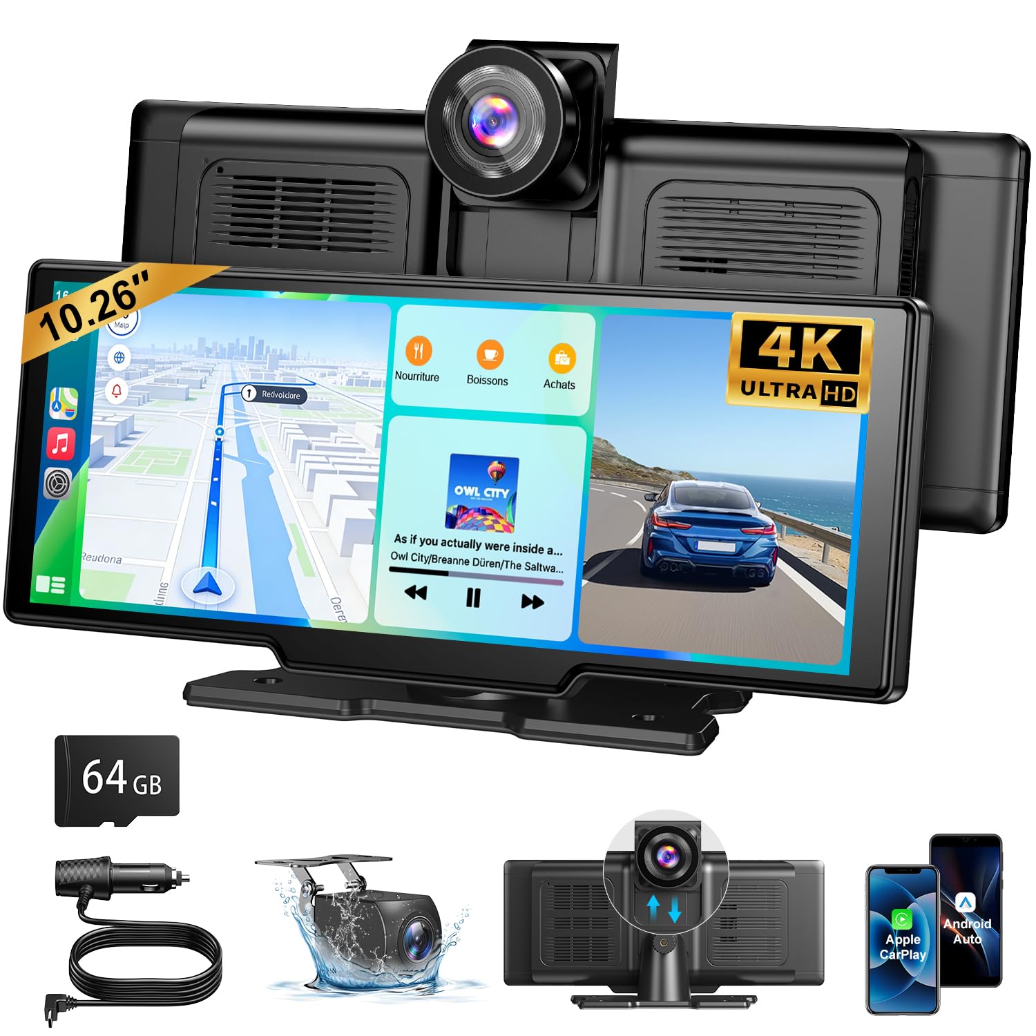 ESSGOO CarPlay Voiture, Supporte CarPlay sans Fil et Android Auto, Écran Tactile IPS 10,26 Pouces, Caméra Avant 4K et Caméra de Recul 1080P, Bluetooth 5.3, GPS, FM, AUX, Mirror Link, Carte TF 64G