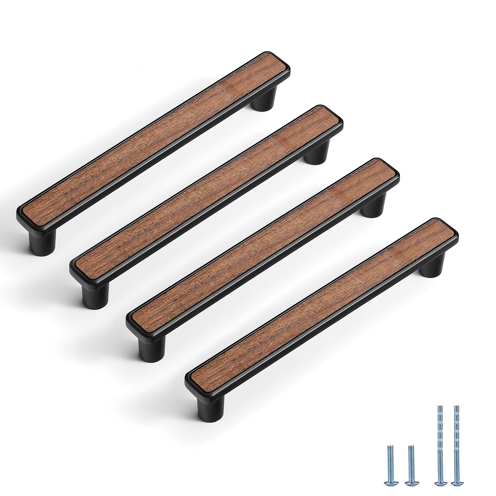 Evionlin 4 Pcs Walnut Wooden Drawer Handle Cabinet Pulls Drawer Handles Zinc Alloy Base Furniture Hardware -Hole Distance 128mm Black