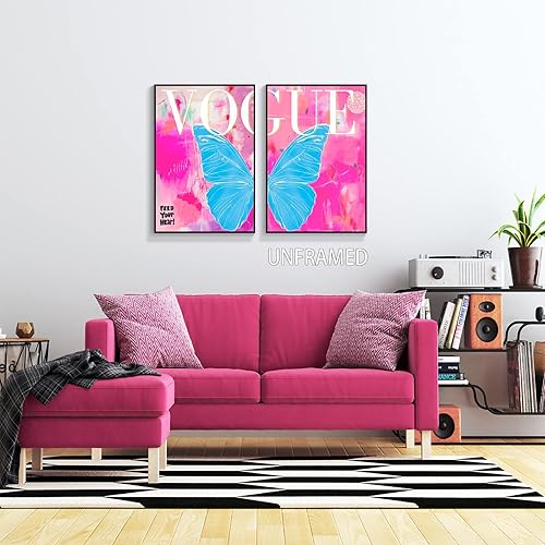 Miniatura 7 de TACRIG 2 piezas de arte de pared en lienzo de mariposa azul de moda preppy - Pósteres de imágenes de moda rosa para dormitorio de niñas - Decoración