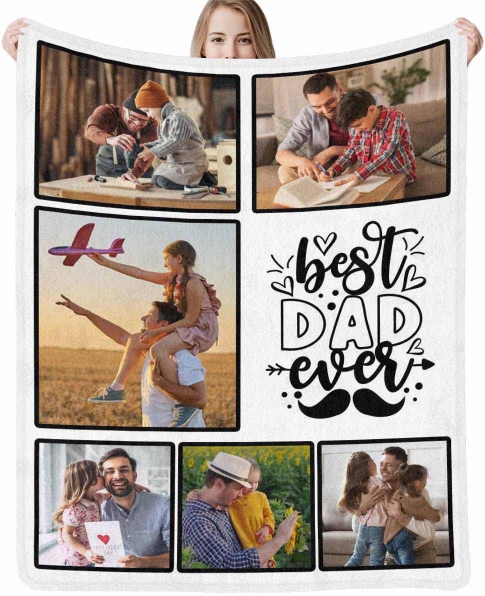 Artsadd Personalized Happy Fathers Day Throw Blanket for Men, Best Dad Ever White Bed Blanket Custom Daddy Blanket with Photos Customized Dad Gifts from Son Daughter 50x60