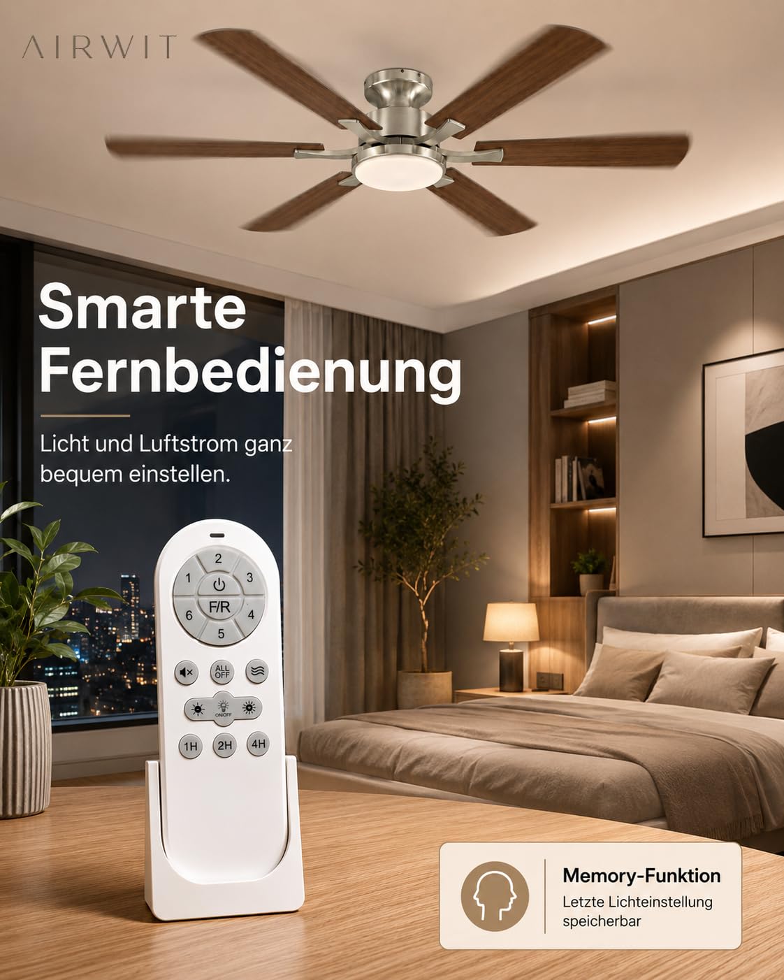 Airwit 132 cm Deckenventilator mit Beleuchtung und Fernbedienung, Deckenventilator mit Licht, leiser DC-Motor, 6 Geschwindigkeiten, dimmbare LED, Timer, Sommer-/Winterbetrieb, Walnuss/Silber