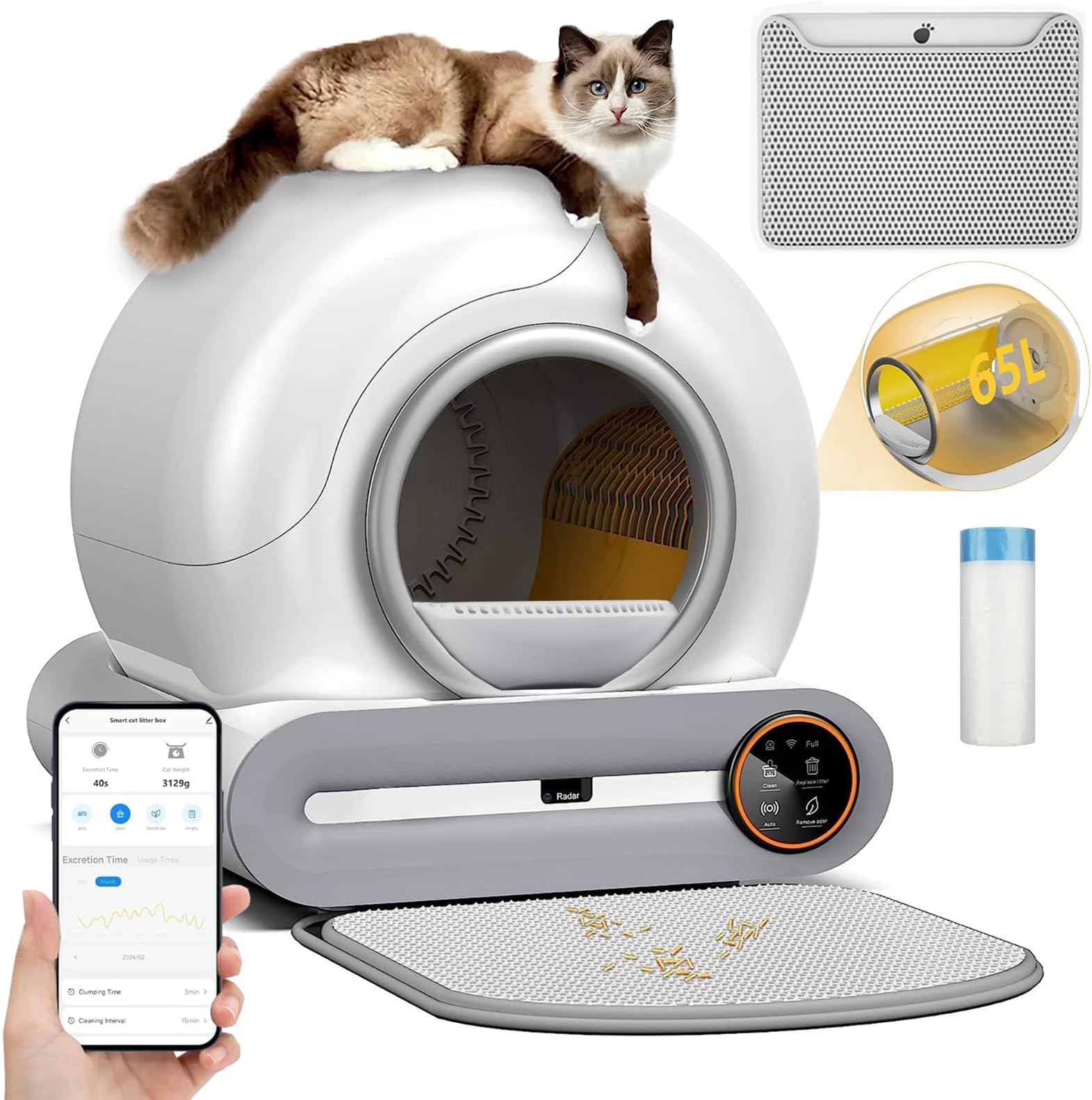 LIODUX Automatic Self-Cleaning Cat Litter Box With Mat, 65L+9L Large Capacity Smart Electric Cleaning Robot for Multiple Cats, App Control