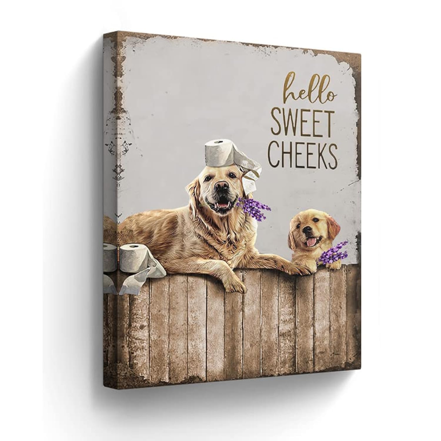 Golden Retriever Painting Funny Farmhouse Bathroom Wall Art for Toilet - Rustic Animals Artwork Framed 12"x16"