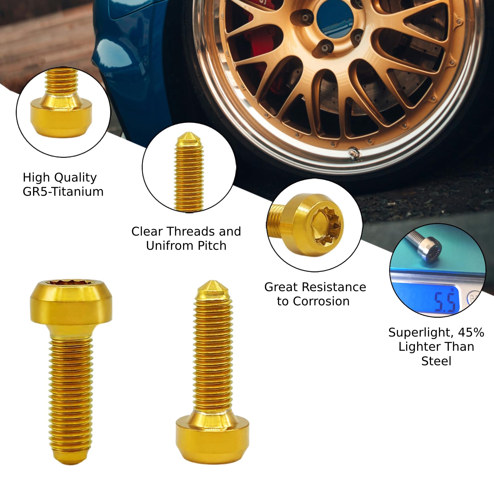 RISON-Titanium Bullone Ruota per Cerchioni in Titanio M7x24.5mm, Viti per Pneumatici per Auto, Bullone Ruota per Cerchioni, Viti a Testa Cilindrica Torx per BBS | RSII | RXII | Ruote a 3pc/2pc