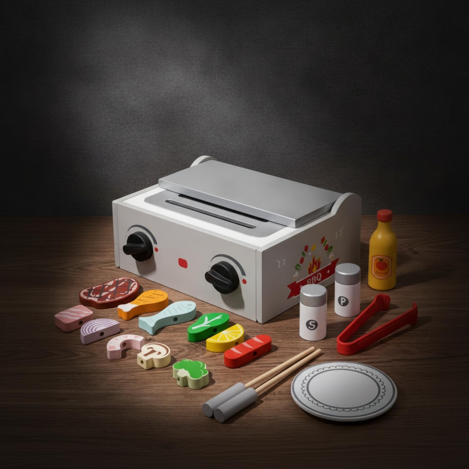 kowaku Barbecue Giocattolo in Legno Barbecue Giocattolo con Accessori da Tavolo Gioco di Ruolo per Bambine, Scuola Dell'infanzia