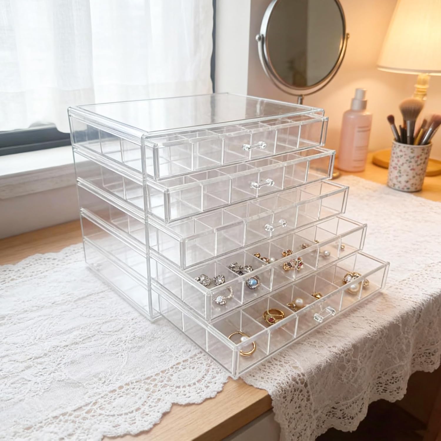 Acrylic Transparent Earrings Jewelry Organizer with 5 Drawers 120 grids, Stackable Necklace Rings Display Storage Case Box Holder, Clear