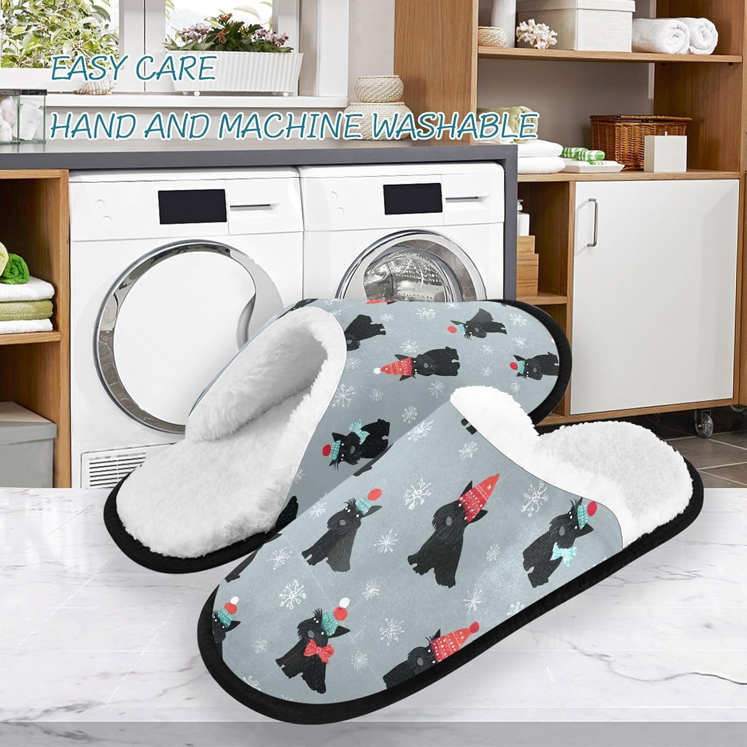 Boccsty Scottish Terrier Xmas Hat Spa Slippers Cute Dogs Polka Dots House Slippers Memory Foam Slippers Indoor Outdoor Home Shoes M for Men Woman