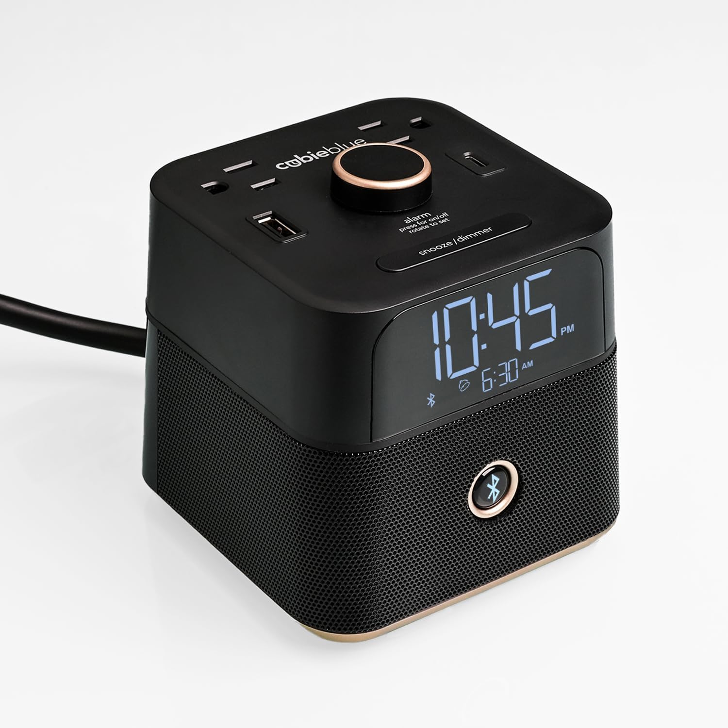 Brandstand | CubieBlue | User Friendly & Convenient Alarm Clock Charger | 2 USB Ports | 2 Tamper Resistant Sockets | Brandstand Bluetooth Speaker