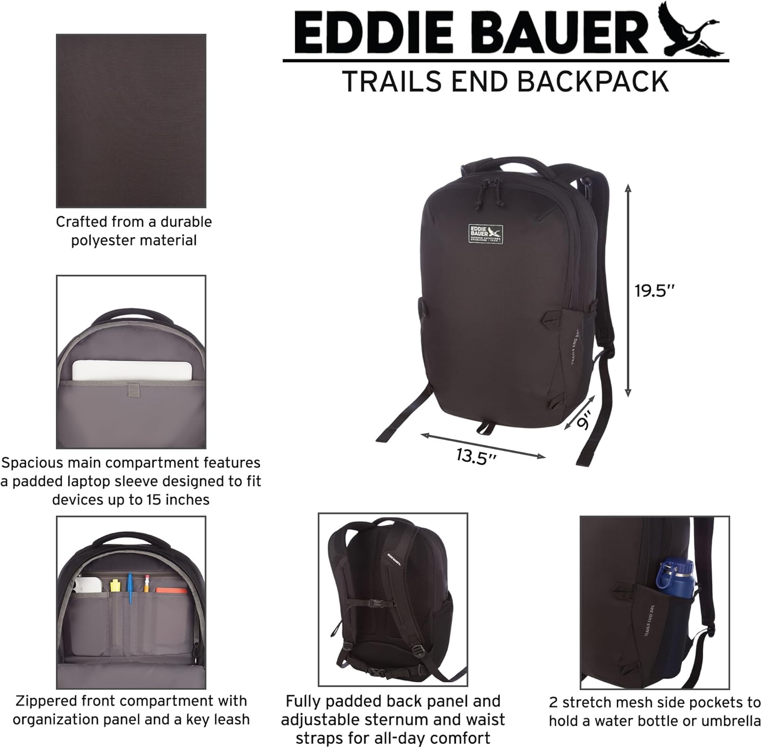 Eddie Bauer Trail Ends Backpack 28L | Laptop Sleeve | Everyday Carry | Travel | Work | Commuting | Stretch Side Pockets | Padded Shoulder Straps | Mesh Back - Black Cherry