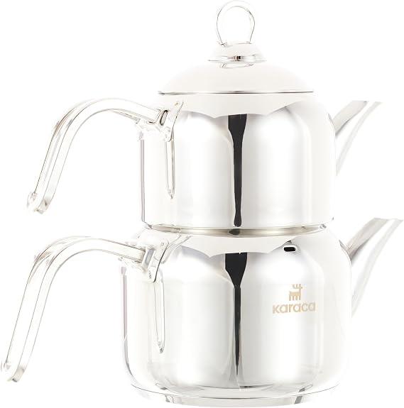 Karaca Manes Mini Turkish Teapot Set - Stainless Steel Teapot with Lid - (Turkish Tea Pot 0,85 Liters & Water Tank 1,25 Liters) - Non-Burning Bakelite Handles Midi Tea Maker & Induction Kettle
