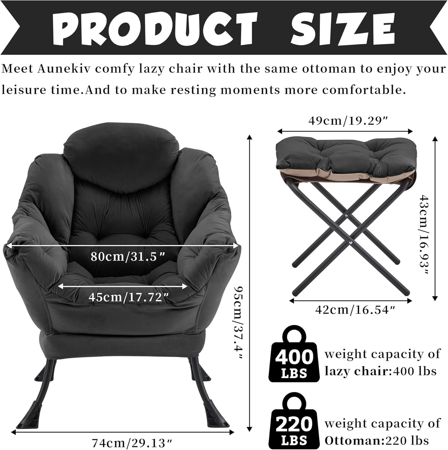 Lazy Chair with Ottoman, Comfy Accent Lounge Chair with Side Pocket, Modern Reading Armchair with Footrest, Upholstered Sofa Chair for Small Spaces, Bedroom, Living Room, Dorm, Black