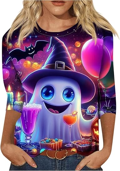 Halloween Shirts for Women 3/4 Sleeve Plus Size Crewneck Loose Fit Cute T Shirt Halloween Costumes for Women 2025