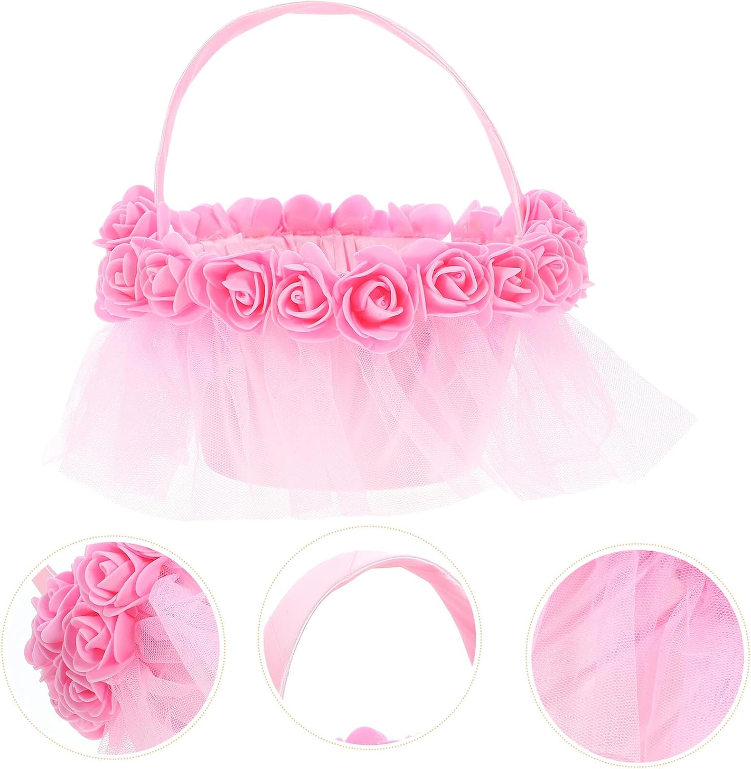 jojofuny Floral Basket Handheld Flower Girl Basket Small Pink Rose for Wedding Ceremony Party Supplies
