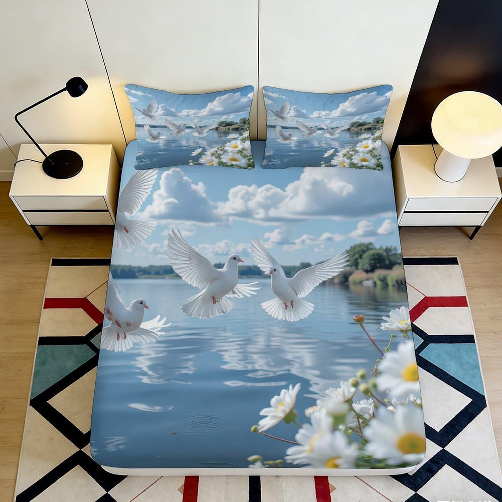 Pnayamiorkfel Style-3 3D Printed Flying Dove Lake Fitted Sheet Microfiber Breathable Daisy Meadow Mattress Cover Bedroom Decor 90X200x25cm