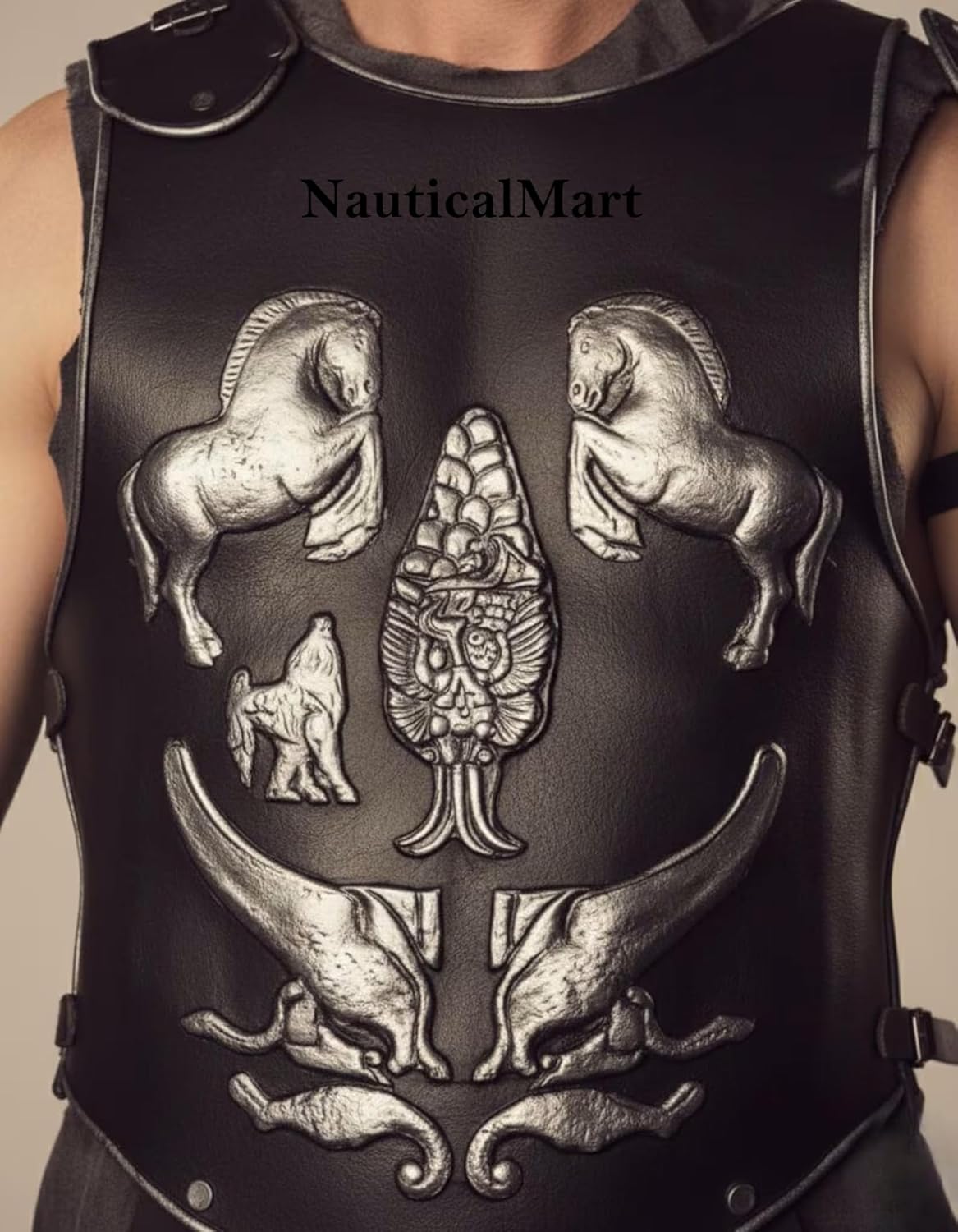 NauticalMart Roman Warrior Gladiator Armor- Maximus Gladiator Men's Costume Set Black Roman Muscle Armor with Helmet for Cosplay, Roleplay & LARP- Costume Authentic Historical Reenactment