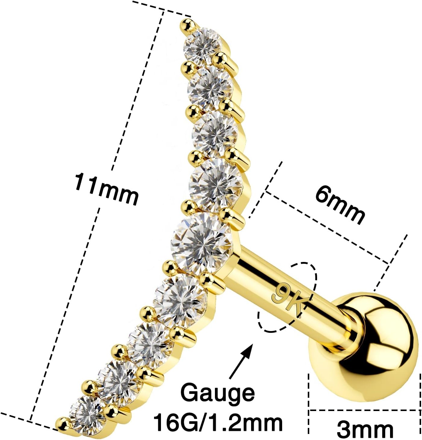 Melighting 16G Helix Earrings 9K Gold Tragus Piercing Jewelry Clear CZ Stud Earring Cartilage Earrings Conch Daith Lobe Piercing for Women Gift - Image 7