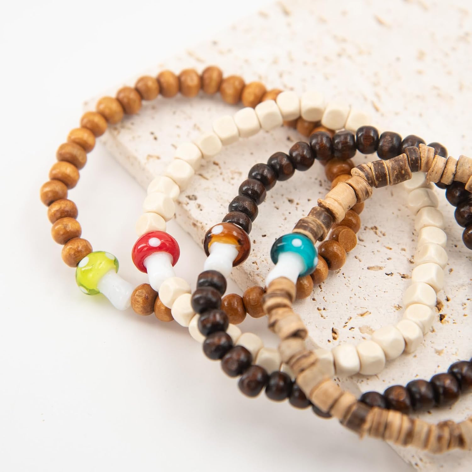 4-Piece Set of Unique Wooden Mushroom Beaded Elastic Bracelets - Unisex, Rustic Bohemian Style, Multi-Color,Good Gifts for Mom,Dad, Boyfriend, Girlfriend, Best Friend,Roommate or Classmate. - Image 5