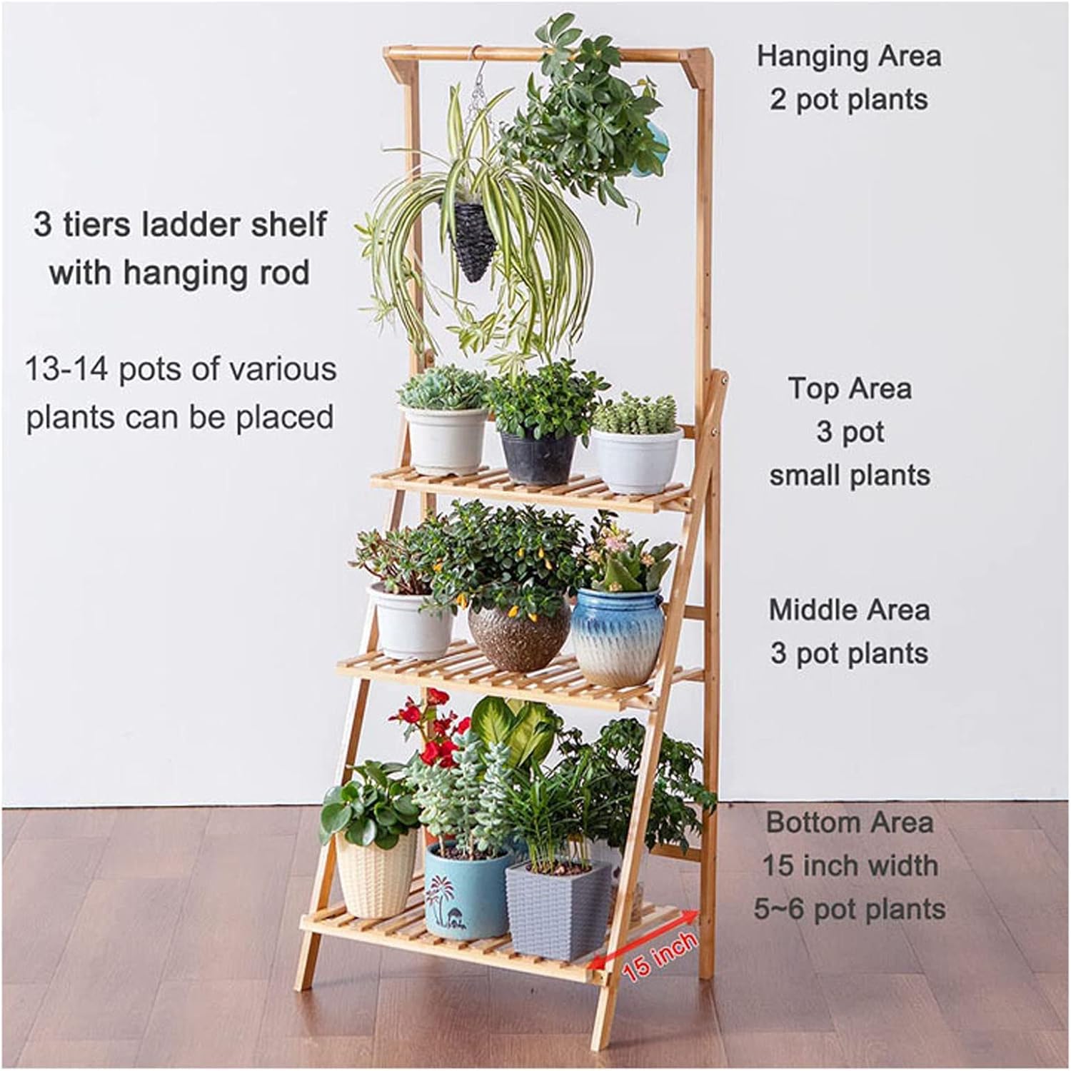 フラワースタンド3 段吊り植物スタンド折りたたみ植木鉢オーガナイザーディスプレイ収納ラック調節可能なハンガーレール竹パティオ