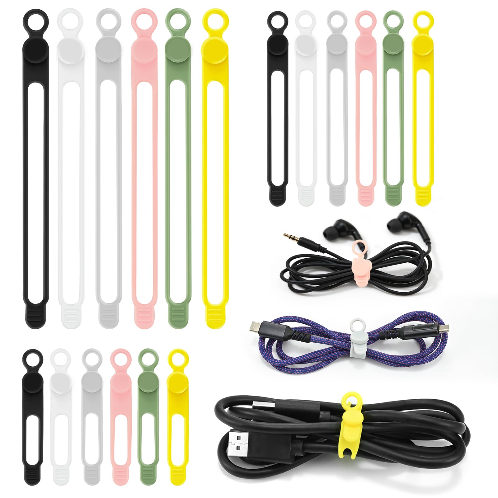 Silikon-Kabelbinder, wiederverwendbar, elastische Draht-Organizer, für Ladekabel, Elektrokabel, Computerkabel, USB-Datenkabel-Management, Kabel-Organizer (6 Farben, 3 Größen)