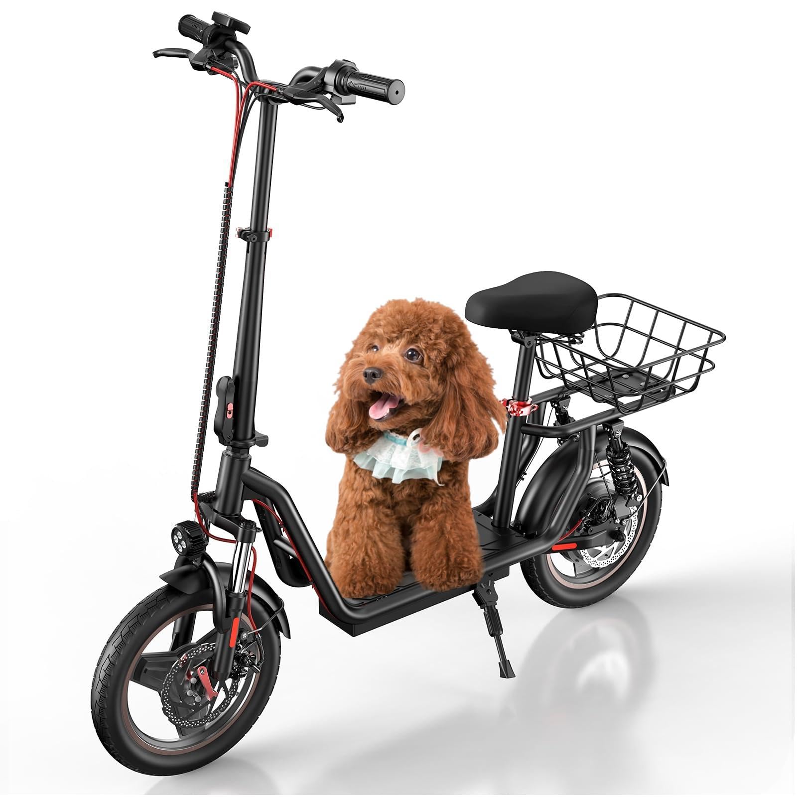 iScooter Electric Scooter with Seat, 34/21 Miles Long Range & 28/15.6 MPH Top Speed, 14"/12" Pneumatic Tire, Height Adjustable Seat & Handlebar, Dual Suspensions Commuting Scooter with Baske